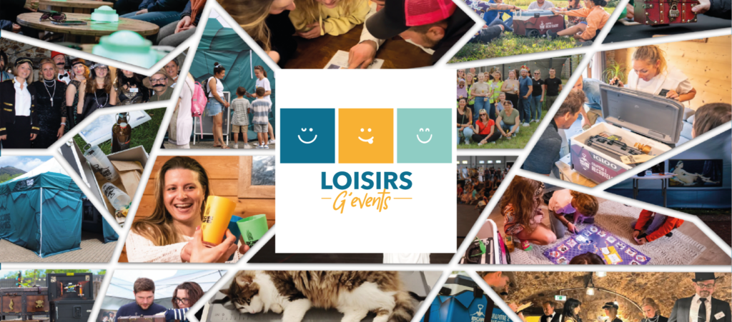 Bannière avec le logo de l'entreprise Loisirs G'Events ainsi que des photos de nos prestations : escape game tente, laser game, escape game apéro, buzzer et toupie lanta organisé sur le pays de Gex, Genève et Région